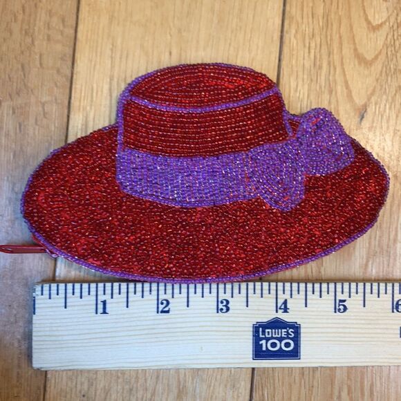 y2K Red sun Hat Beaded Coin Purse with Purple Sash - Picture 8 of 8